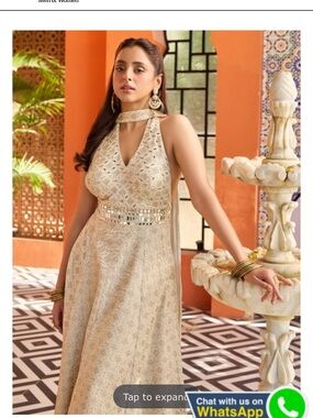 G3 Gold Beige silk anarkali palazzo suit with mirror work
